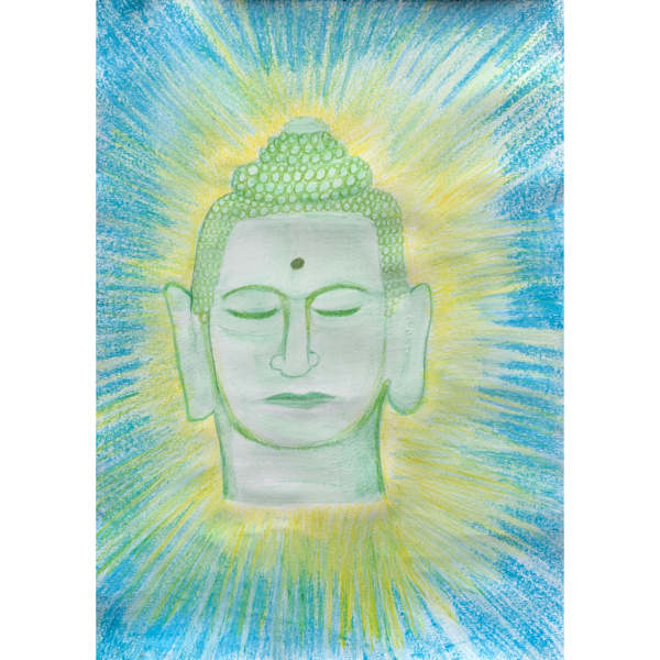 the head of a green buddha with blue and yellow light coming out behind the head.