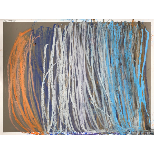 abstract line painting in whites, blues and orange.
