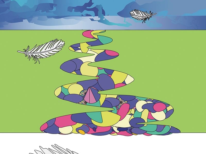 A digital illustration with a water stream filled with different coloured blobs, in a green solid field with a blue sky and two feather falling down
