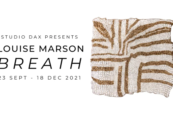 an abstract mosaic in browns creams and golds. next to the words: Studio Dax Presents Louise Marson Breath 23 September to 18 December 2021.