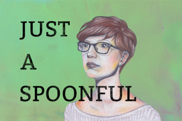 A person with short hair and glasses looks off to thier left. in front of them are the words 