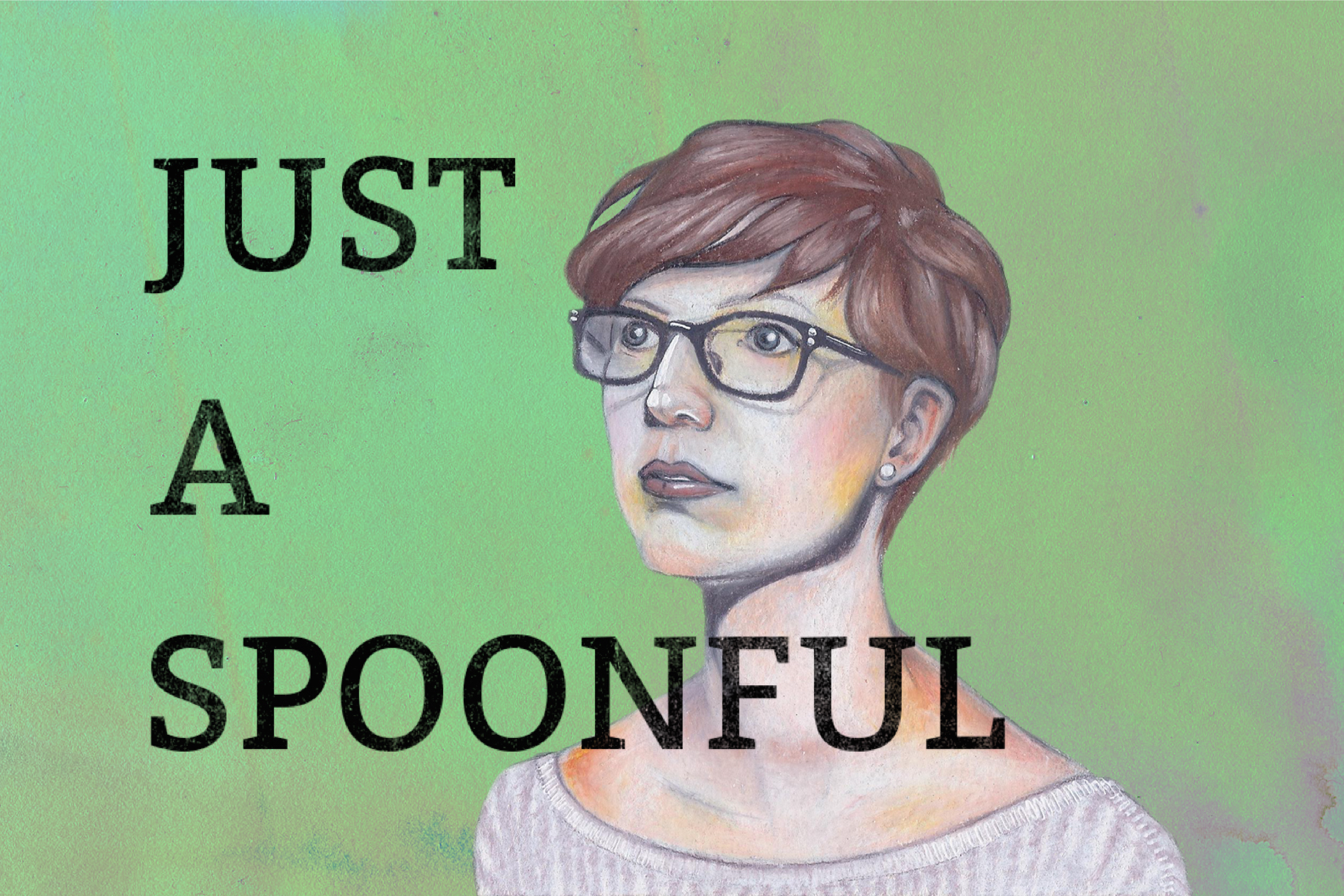 A person with short hair and glasses looks off to thier left. in front of them are the words 