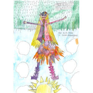 a figure with long yellow hair and orange skirt is floating in the sky with arms outstretched