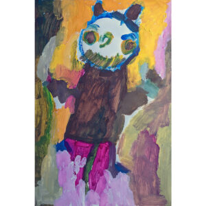 pianted bear figure with green eyes, blue outline with a brown body on a background of painted mauves, yellows and greens.