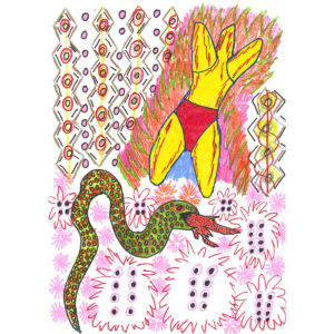 yellow outstretched figure leaning backwards with red undies hovering above a green snake eating an animal on a background of patterns of various colours.