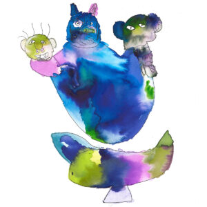 large blue cat holding two people with big ears with a colourful bird hovering below.