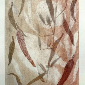 an abstract layered print done in reds, organges and browns. leaves at many different sizes are used to create depth.
