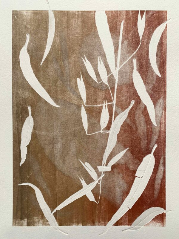 an abstract layered print done in reds, organges and browns. leaves at many different sizes are used to create depth.