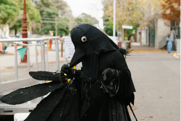 a person in a crow costume is walking.