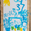 blue cityscape on a white background with the word people and number 37 written and a yellow sun in the top corner, with a wooden frame.