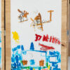 blue cityscape with brown helicopters in the sky on a white background with a wooden frame.