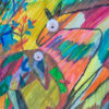 horse and bird-like creatures in colourful patches of colour against a colourful patch background with googly pink eyes.