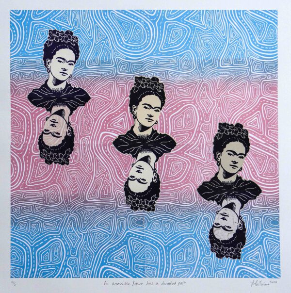 Three illustrations of Frida Kahlo descend diagonally. Behind them, a background of soft vertical pink and blue lines is covered in a pattern of white lines and dashes.