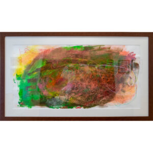 Oblong abstract drawing of greens, browns, yellows overlaid with pink and red swirls, framed in a dark wood frame