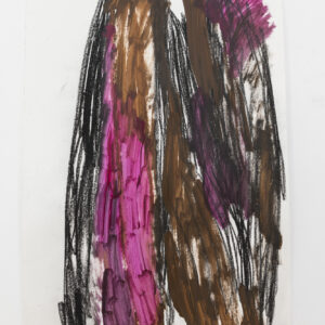 Vertical strokes of brown, black and fuschia create a cocoon like composition.