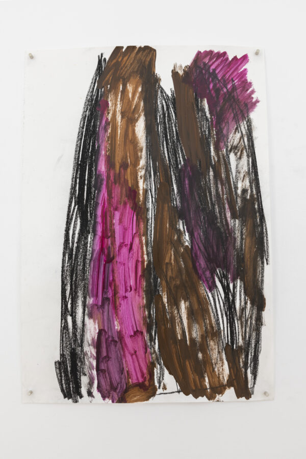 Vertical strokes of brown, black and fuschia create a cocoon like composition.