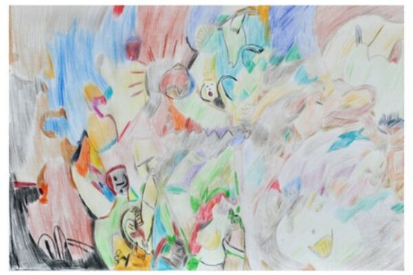 Abstract mounds etched in coloured pencil, with faces peaking out from behind the mounds and a sun ray in the background.