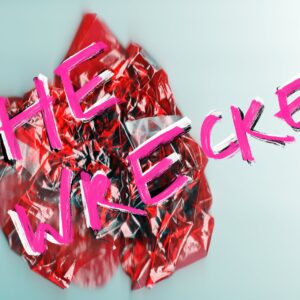 The Wrecker in pink text overlaid on an image of a crumpled up paper resembling a heart.