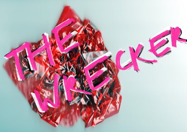 The Wrecker in pink text overlaid on an image of a crumpled up paper resembling a heart.