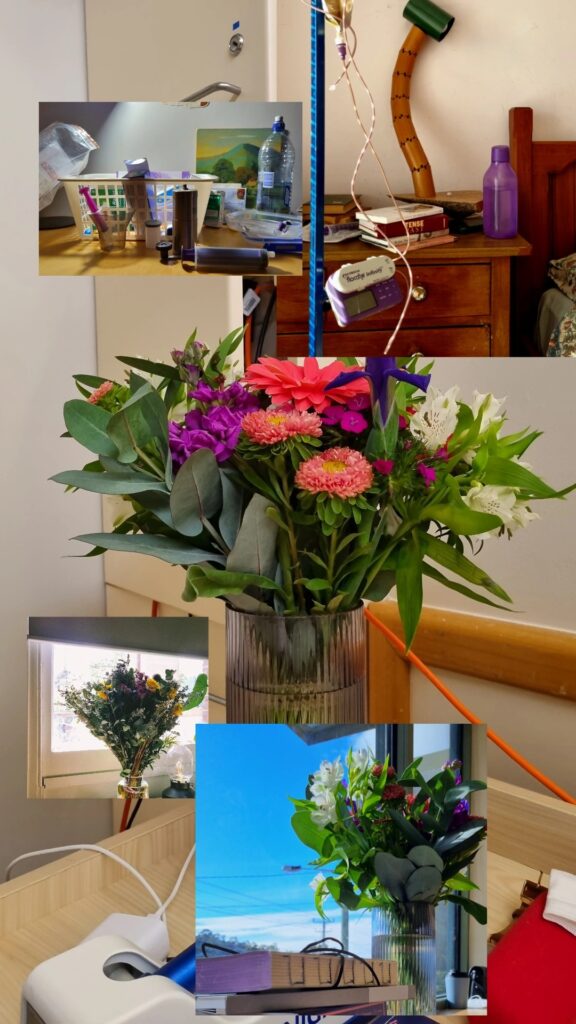 A series of smaller photos of bedside items and vantages – a container of medicines, care items and supplies alongside a record cover and a water bottle; a fresh vase of flowers against a bright blue sky outside the window, another bunch of flowers by a window; a brown wooden bedside table with books, water and a monitoring device and stand setup in front of it. The photo behind these others is of a different bedside table with some medical equipment visible