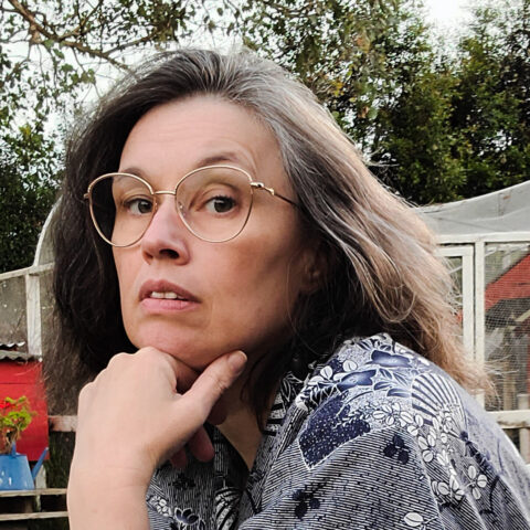 Portrait photograph of Michelle Roger, a light-skinned person with straight shoulder-length grey-brown hair swept back from her face. She is looking at the camera with her eyebrows slightly raised and a neutral expression on her face. Her chin is resting on her knuckles. She is wearing a blue, black and white printed top or dress with thin stripes and floral motifs in its pattern. In the background there are autumn-coloured trees and an informal outdoor structure as you might see at an event or a large garden