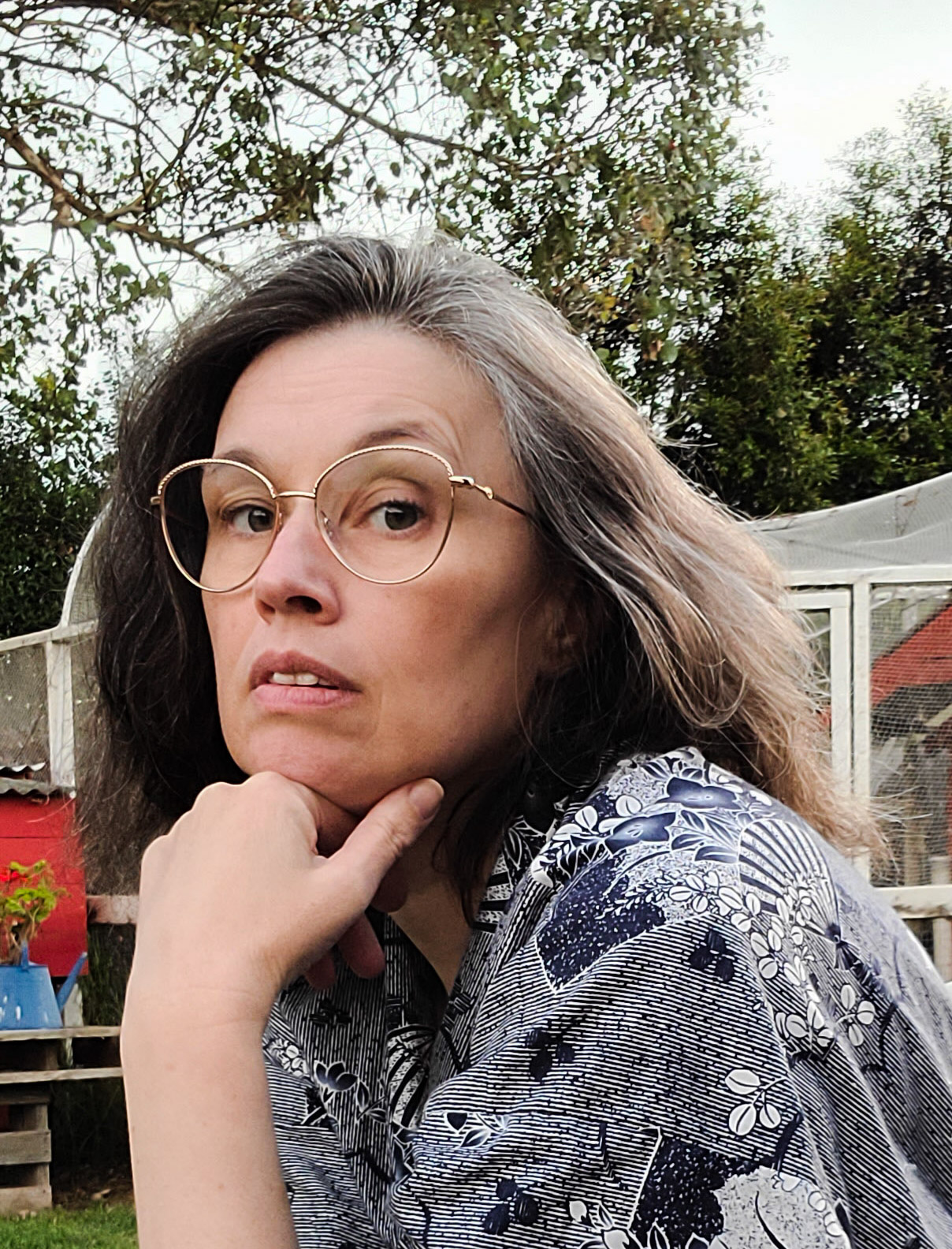 Portrait photograph of Michelle Roger, a light-skinned person with straight shoulder-length grey-brown hair swept back from her face. She is looking at the camera with her eyebrows slightly raised and a neutral expression on her face. Her chin is resting on her knuckles. She is wearing a blue, black and white printed top or dress with thin stripes and floral motifs in its pattern. In the background there are autumn-coloured trees and an informal outdoor structure as you might see at an event or a large garden