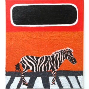 A zebra walks across a zebra crossing against a bright orange background with a floating black oblong hanging overhead.