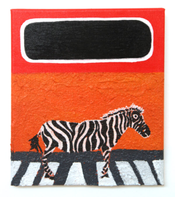 A zebra walks across a zebra crossing against a bright orange background with a floating black oblong hanging overhead.