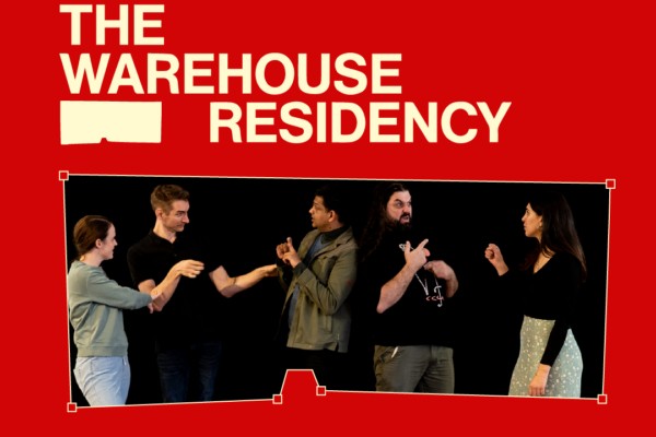 : Five people in casual clothes signing to each other in Auslan as they stand in front of a black studio curtain. Their gestures and emotion are captured as they communicate. Text next to image The Warehouse Residency, Arts House.