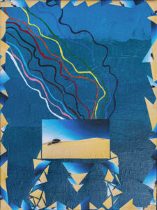 A 60cm x 45cm vertical canvas. It has shades of blue acrylic on the background. In the bottom third of the canvas there is a landscape image of a pale yellow sand dune with a deep blue sky. On the left of the image stands a lone tree. Underneath the main image and around the frame of the canvas are angularly collaged pieces of the same sand dune image. Coming out of the main image and heading towards the top left corner are 11 thin wriggly lines painted to represent the Progressive Pride Flag.