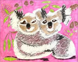 A picture of two cute and slightly wild koalas hugging looking cute with a bright pink background