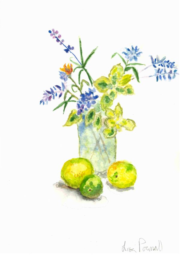 A watercolour of flowers in a vase.