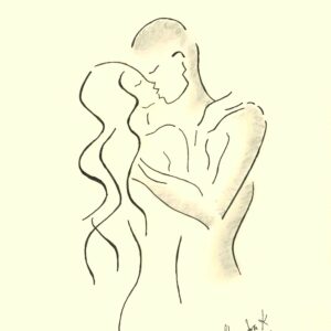 Ink drawing of a silhouette of two lovers embracing.