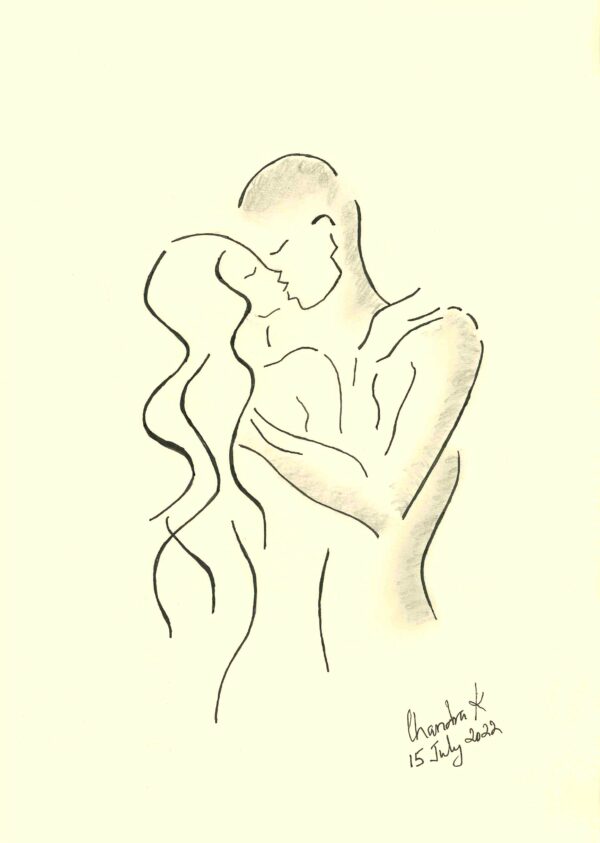 Ink drawing of a silhouette of two lovers embracing.