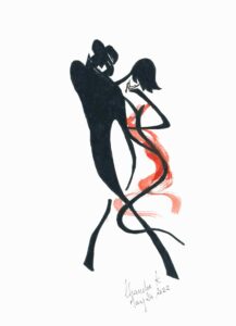 A drawing of a male and female dancing in formal clothes