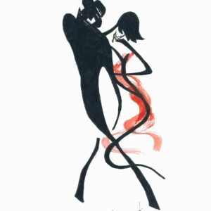 A drawing of a male and female dancing in formal clothes