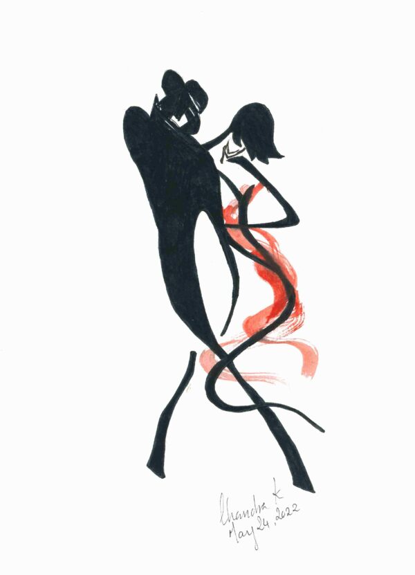 A drawing of a male and female dancing in formal clothes