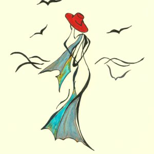 A drawing of a silhouette of a female figure with birds dancing around her.