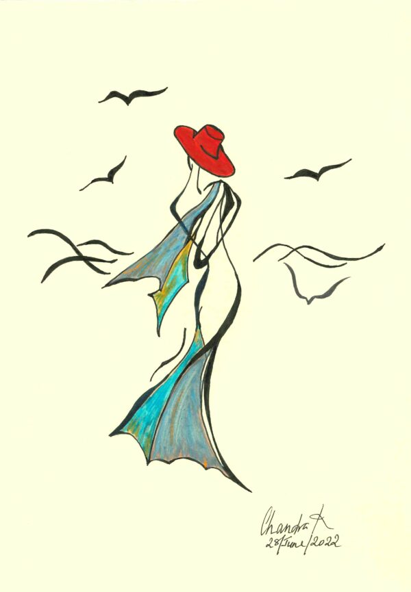 A drawing of a silhouette of a female figure with birds dancing around her.