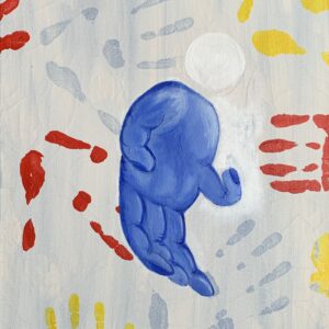 Acrylic painting on canvas depicting a central blue figure that is shaped like a hand.