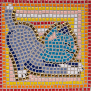 Mosaic of a cat of blue and gold. Lines of red, orange, yellow and pink create a border that frames the cat.
