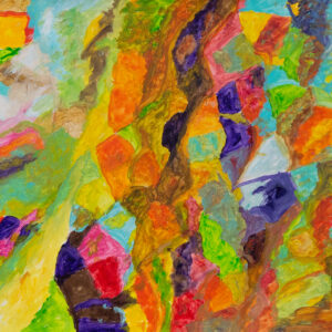 A vibrant painting of many small, jagged shapes painted in different colours including red, purple, green, orange, yellow and red. The entire page has been filled in.