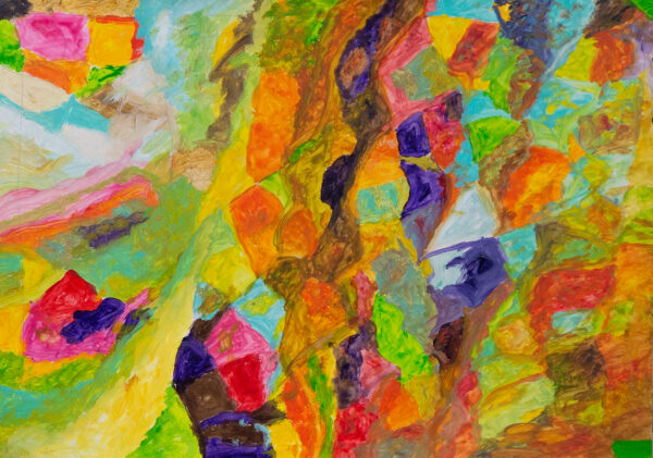 A vibrant painting of many small, jagged shapes painted in different colours including red, purple, green, orange, yellow and red. The entire page has been filled in.