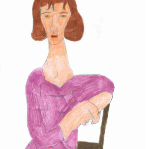 Drawing of a long necked woman wearing a purple dress, with brown hair, sitting on a chair.