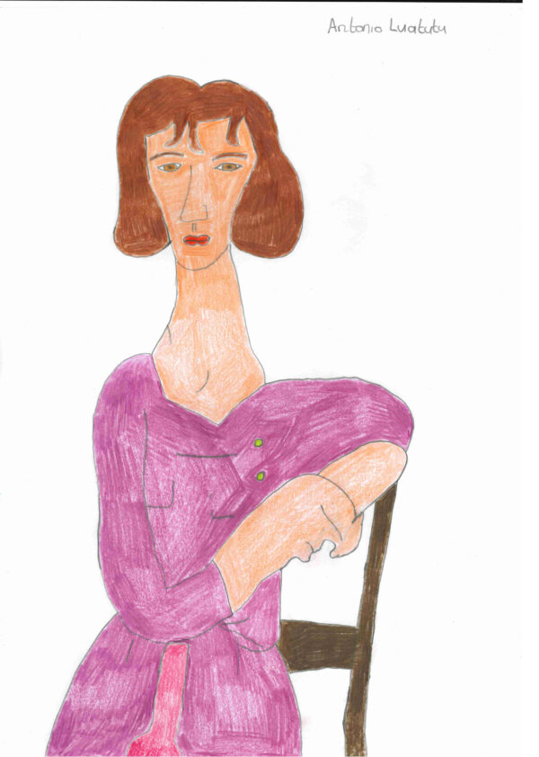 Drawing of a long necked woman wearing a purple dress, with brown hair, sitting on a chair.