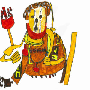 Stylized drawing of a hawk with brown body, red neck and yellow face. It wears a yellow scarf.