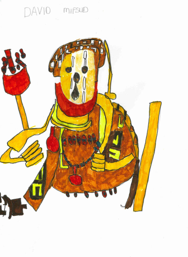 Stylized drawing of a hawk with brown body, red neck and yellow face. It wears a yellow scarf.