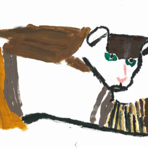 Panting of a brown and black cat with green eyes on white paper.
