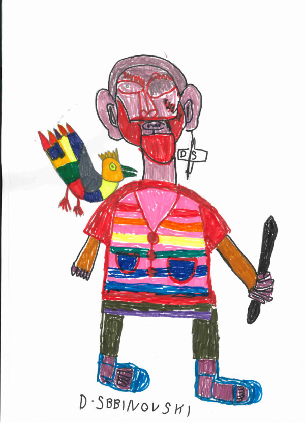 Stylised self-portrait drawing of the artist as a pirate in bright rainbow colours. He has a large earring from his right ear with his initials, DS. He holds a sword in his right hand and a bright coloured bird rests on his left shoulder.