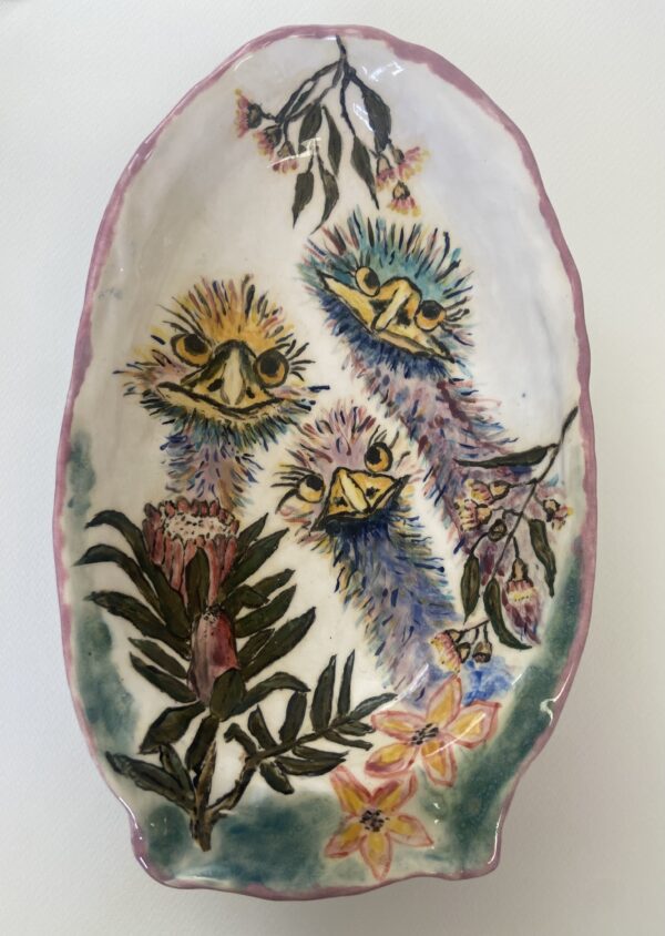 A ceramic bowl featuring three emus and native plants.